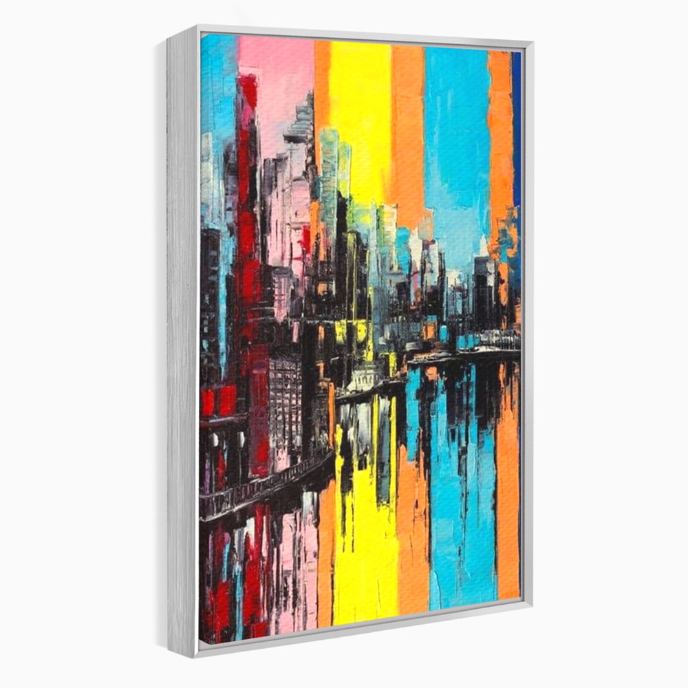 Tablou canvas cu tablou abstract cu cladiri si reflexii, in rama de aluminiu argintiu